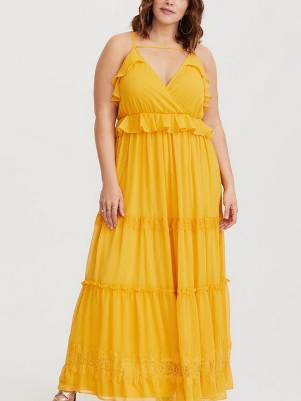 torrid Yellow Ruffle Tiered Maxi Dress with Spaghetti Straps